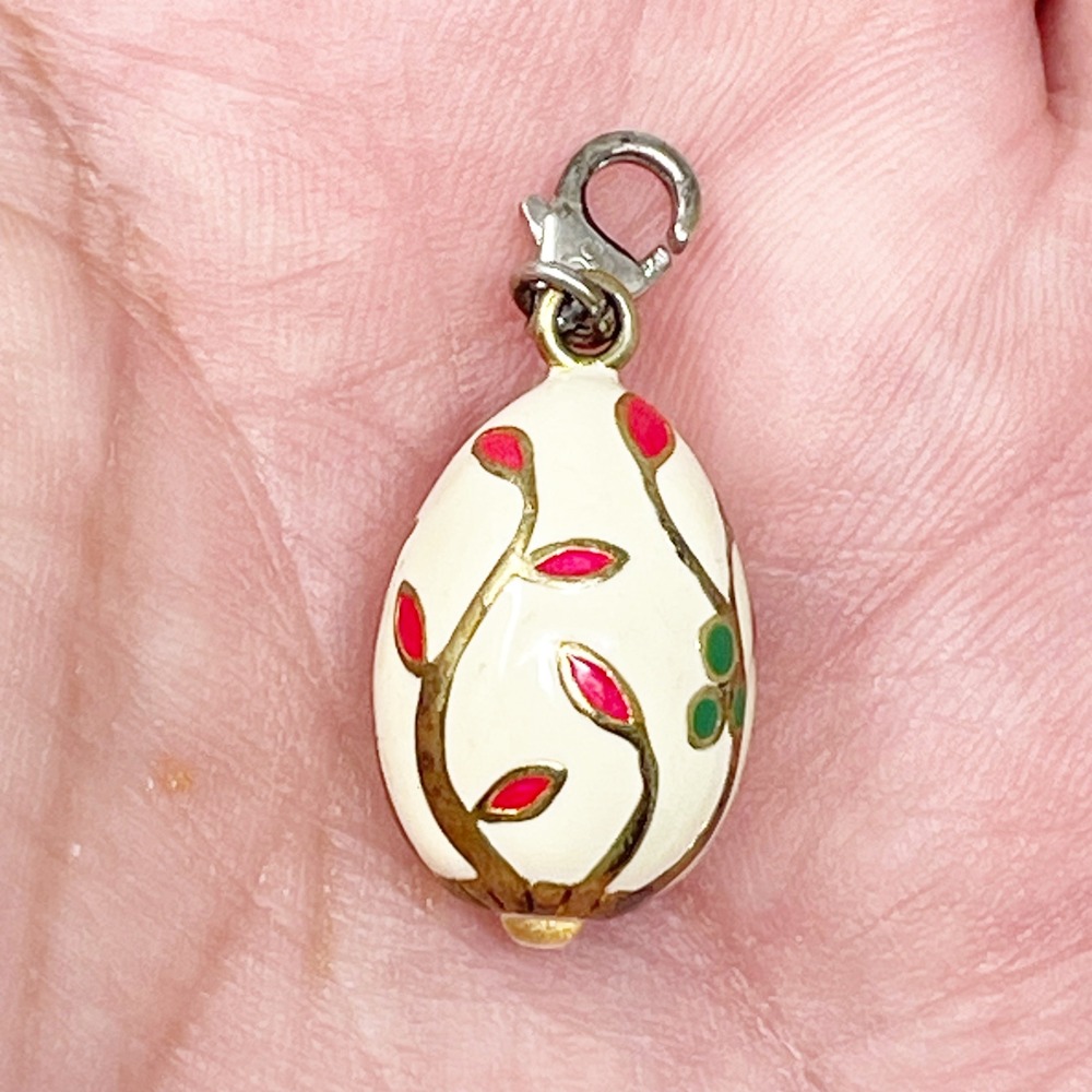 Vintage Enamel Egg Charm Cream Red Green Floral Vine Crystal Bracelet Cloisonne
